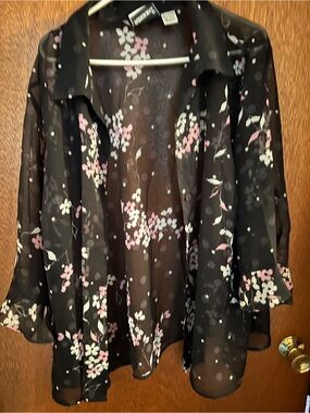 Black Sheer Floral Button-Up Blouse with Pink & White Flowers